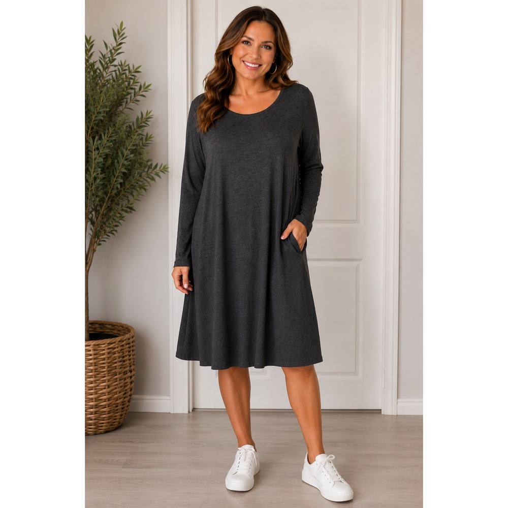 Bellamie Gray XL Fit & Flare Dress Long Sleeve Knee Length Pockets Rayon